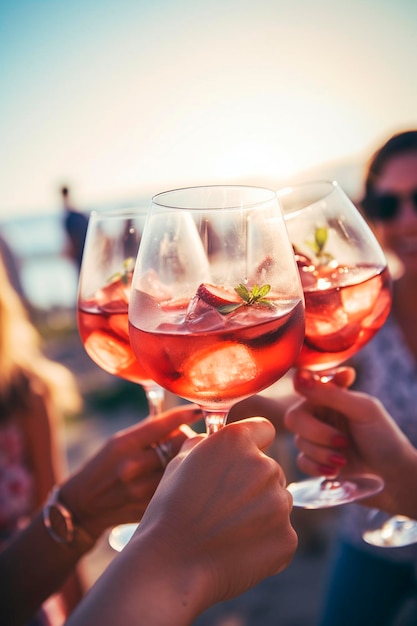 Foto amici felici che bevono vino sulla spiaggia al tramonto