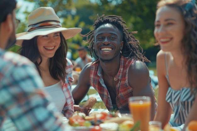 Happy friends enjoying picnic in park on summer day