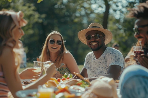 Happy friends enjoying picnic in park on summer day