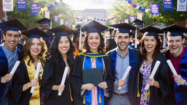 Happy friends graduates smiling holding diplomas