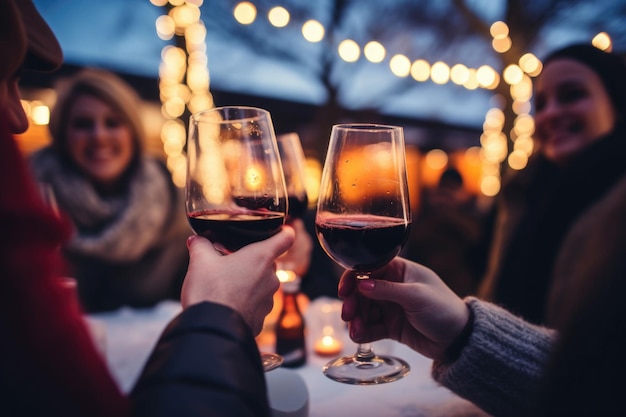 冬のぼやけた背景のレストランのテラスで赤ワインを乾杯する冬服を着た幸せな友達グループ 生成AIイラスト
