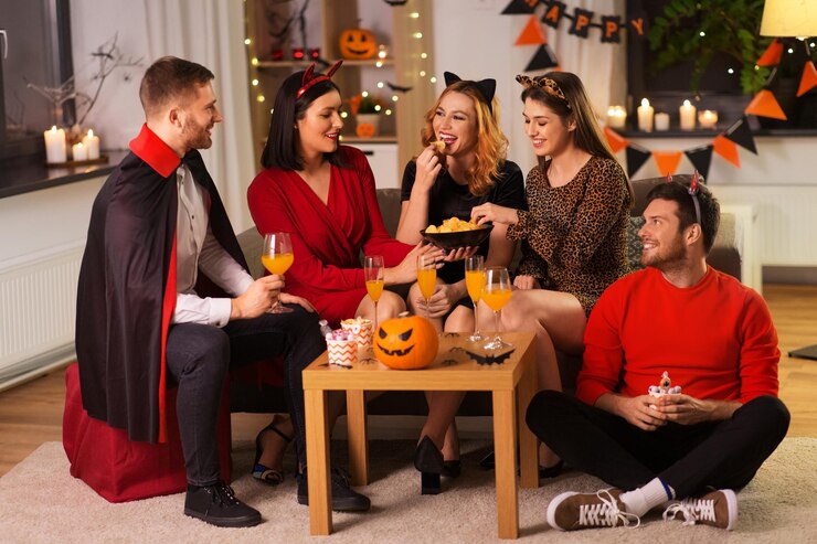 Photo ハロウィーンの衣装を着た幸せな友達がホームパーティーで