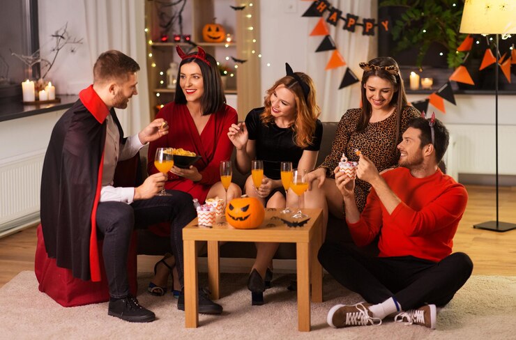 Photo ハロウィーンの衣装を着た幸せな友達がホームパーティーで