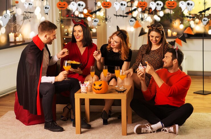 Photo ハロウィーンの衣装を着た幸せな友達がホームパーティーで