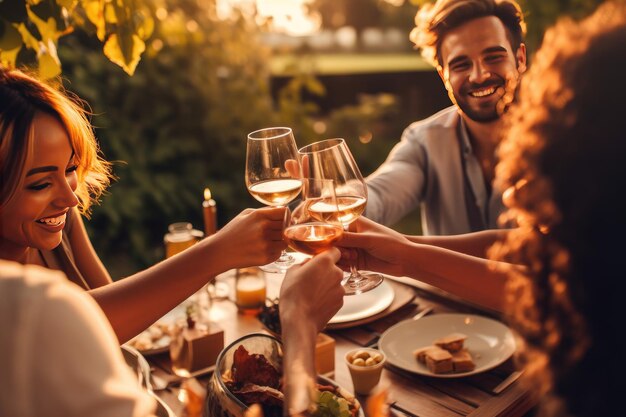 Happy friends having fun outdoor Group of friends having backyard dinner party together