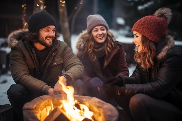 행복한 친구들이 불 주변에서 즐겁고 편안하게 지내고 밖에서 겨울 파티를 열고