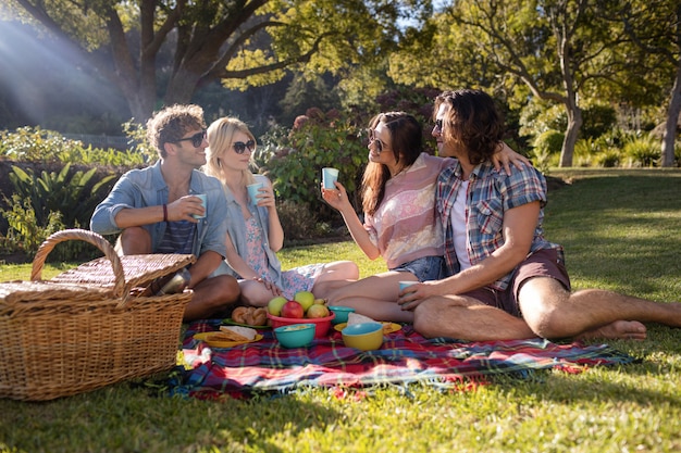 Happy friends having picnic in the park