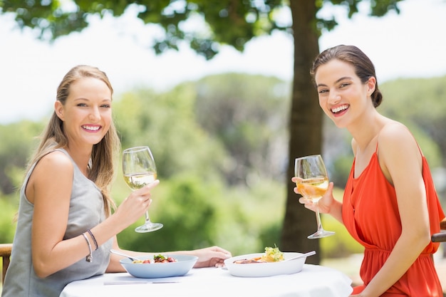 Amici felici che tengono i bicchieri di vino in un ristorante