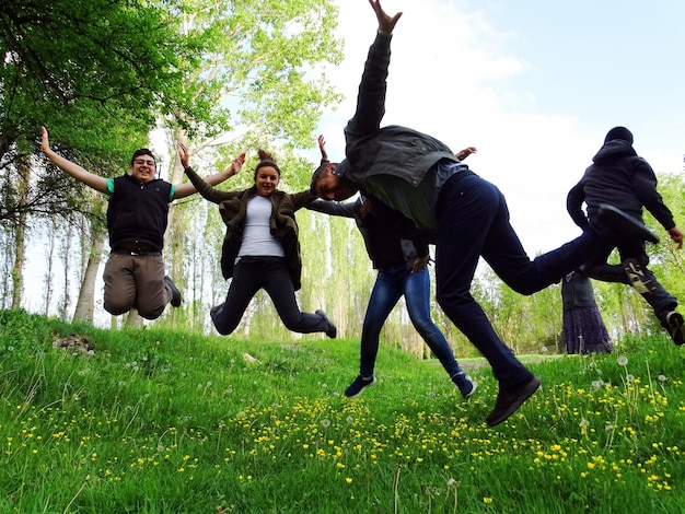 Foto amici felici che saltano sul campo erboso del parco