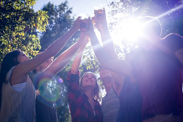 Foto amici felici nel parco con birre