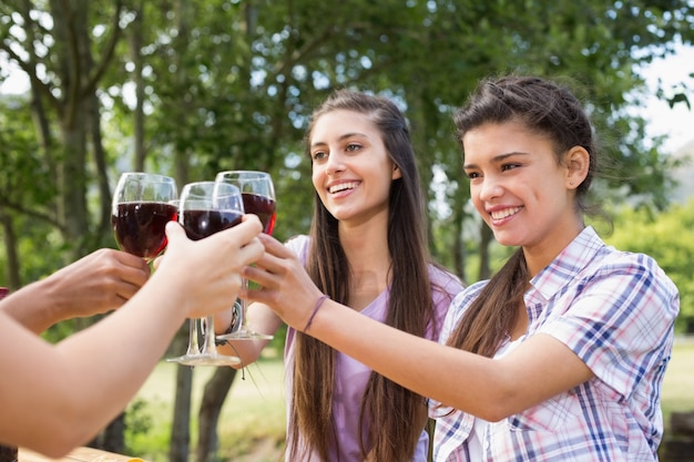 Happy friends in the park having wine