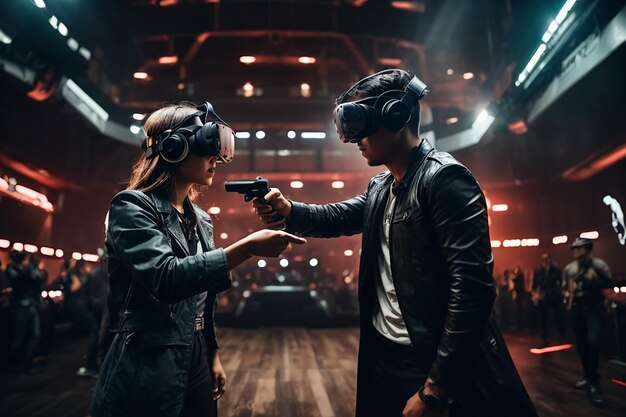 happy friends playing video games wearing virtual reality glasses with controllers isolated on dark background photo with light effect