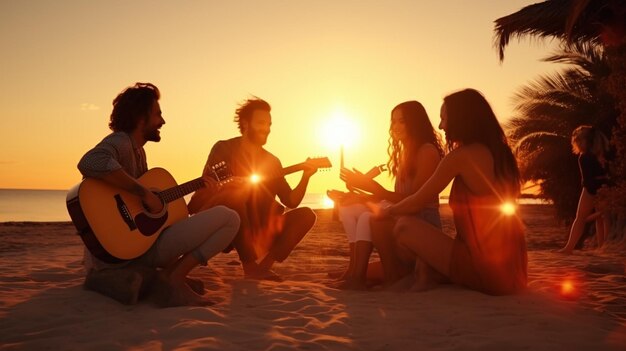 Foto amici felici seduti sulla spiaggia che cantano e suonano la chitarra durante il tramonto.