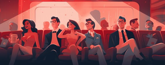 Happy friends sitting in cinema watch film Generative ai