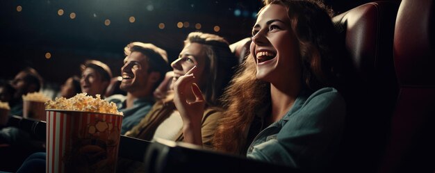 Photo happy friends sitting in cinema watch film generative ai