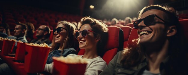 写真 幸せな友達が映画館に座って映画を見ています