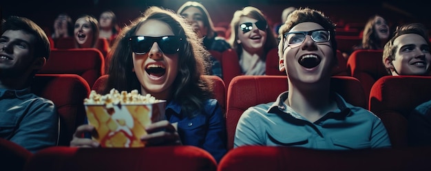 写真 幸せな友達が映画館に座って映画を見ています