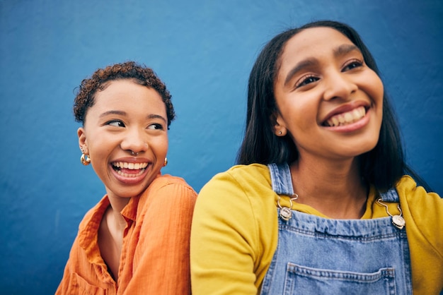 Photo happy friends and teenager with women on wall background for student youth and smile relax happiness and gen z with face of young girls in urban city for social fashion and freedom together