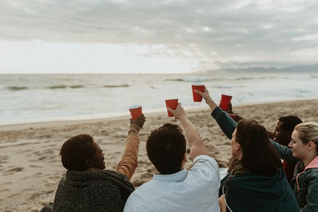 Happy friends toasting at the beach