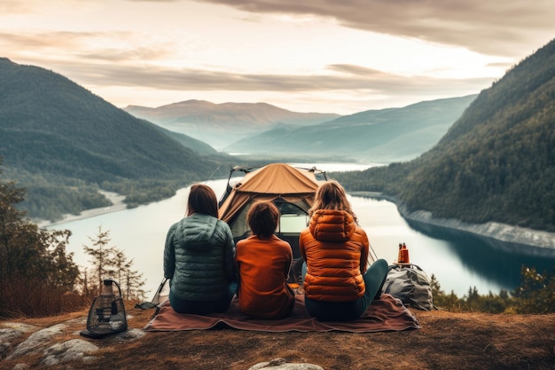 Счастливые друзья вместе возле палатки на открытом воздухе летом