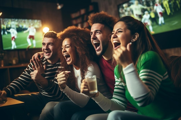 텔레비전 Generative Ai에서 축구 월드컵을 시청하는 행복한 친구들