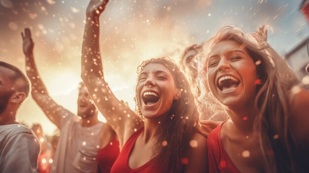 Foto amici felici che indossano vestiti da inverno che festeggiano le vacanze di natale gente che si diverte a uscire insieme camminando per la strada della città vacanze invernali e concetto di relazione