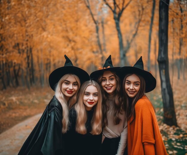 Happy friends in witch hats standing together