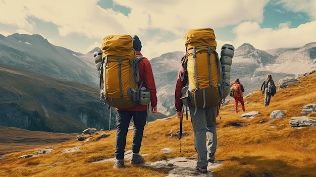 Happy friends with backpacks having trekking Generative AI