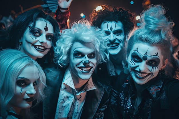 Счастливые друзья со страшным макияжем Монстр Маскарад Хэллоуин Макияж на лицах Веселый костюм Вечеринка Квест Комната Актеры Страшные клоуны, делающие гримасы Генеративный AI Иллюстрация