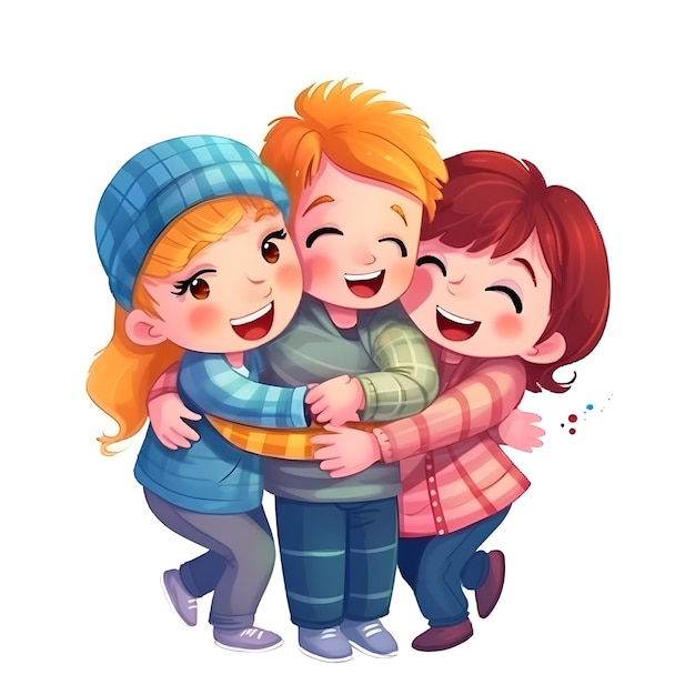 Happy Friendship Day Cute Cartoon Illustration with Young Boys and Girls of Hugging Together white b