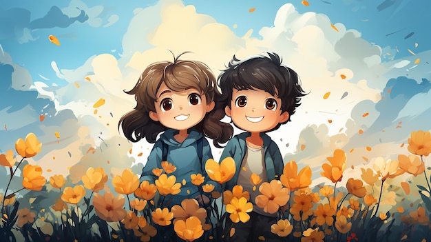 Happy Friendship Day Cute Cartoon Illustration with Young Boys and Girls