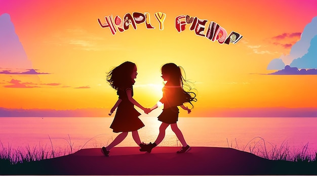 Photo happy friendship day design background with cheerful youth silhouette and sunset background
