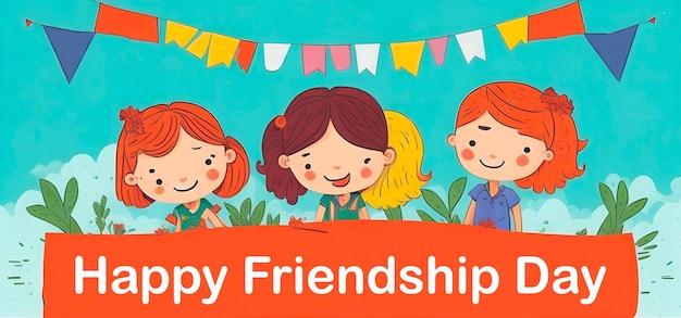 Happy friendship day greeting card with four child friends' background