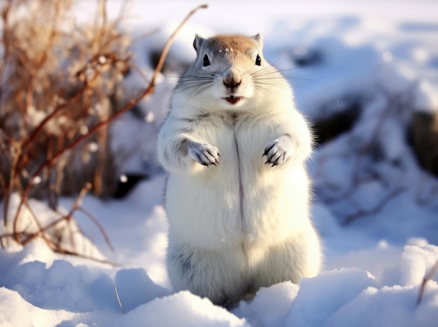 Happy and funny arctic squirrel in winter