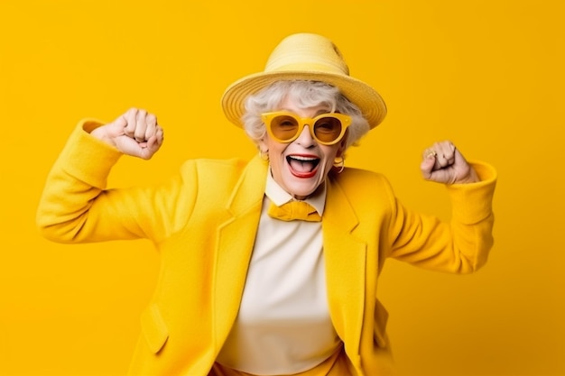 Happy and funny cool old lady with fashionable clothes portrait on colored background youthful gra