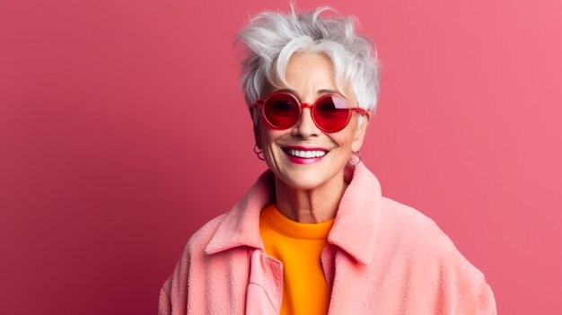 Happy and funny cool old lady with fashionable clothes portrait on colored background youthful gra