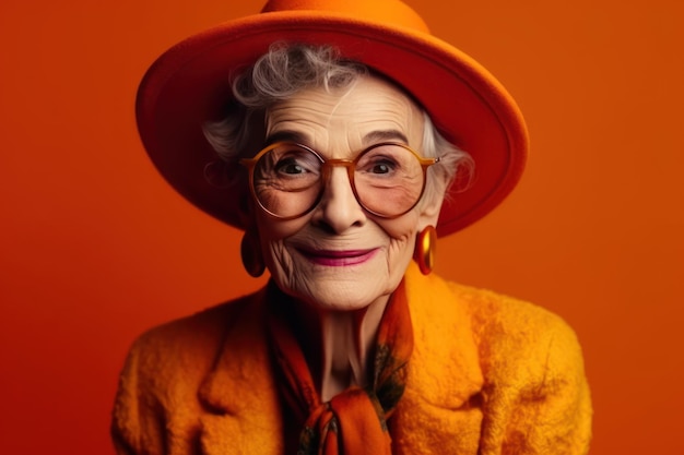 счастливая и смешная крутая старуха в модной одежде портрет на цветном фоне молодой грандиозный