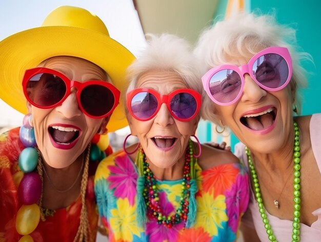 Photo happy and funny cool old tree ladies with fashionable clothes portrait on colored background