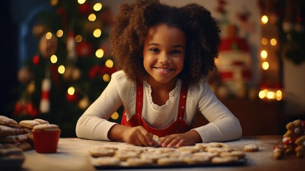 楽しい可愛い女の子が家で快適なキッチンでクリスマス・クッキーを焼く