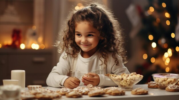 happy funny cute girl bake Christmas cookies on cozy kitchen at home