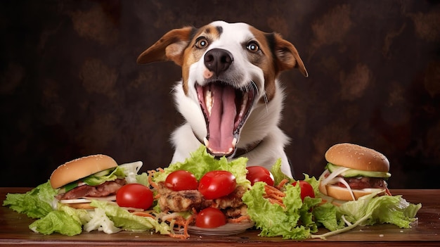 Happy funny dog with hamburgers AIgenerated