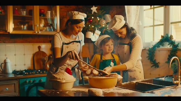 Foto famiglia divertente felice madre e figli cucinano il natale