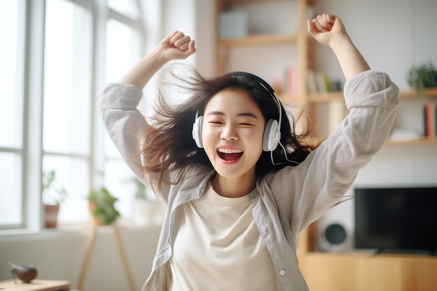 Happy funny gen z Asian teen girl wearing headphones dancing at home and listening music