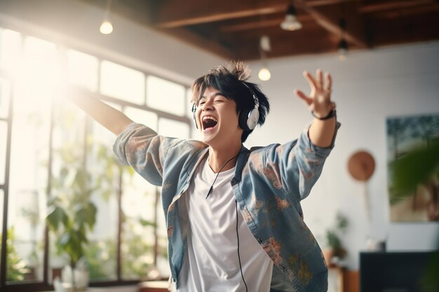 写真 幸せな面白い世代zのアジアの十代の男が、ヘッドフォンを着けて家で踊り、携帯電話で音楽を聴きます。