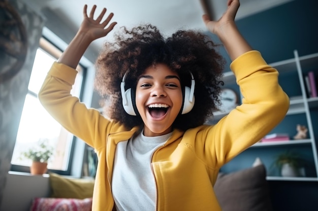 Happy funny gen z hipster African American teen girl wearing headphones dancing at home, listening music on mobile phone, having fun feeling funky moving in living room, authentic shot