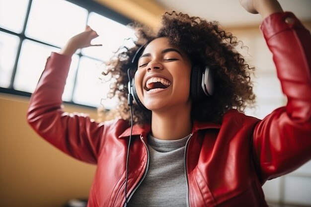 Happy funny gen z hipster african american teen girl wearing headphones dancing at home