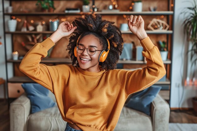 Photo happy funny gen z hipster afroamerican teen girl wearing headphones dancing at home listening music on mobile phone having fun feeling funky moving in living room authentic shot