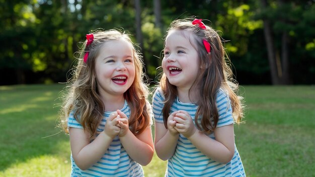 Happy funny girl twins sisters playing and laughing