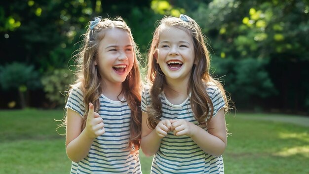 Happy funny girl twins sisters playing and laughing