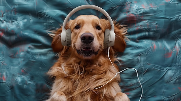Счастливый смешной золотой ретривер с наушниками и слушает музыку.